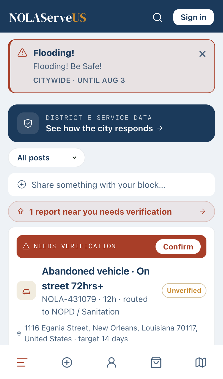 The NOLA ServeUS neighborhood feed — posts, reports, and local news in one stream.