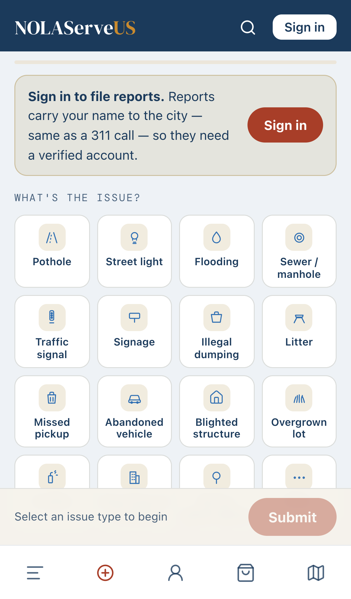 The NOLA ServeUS report screen: pick a category, add photos, drop the location, and submit.